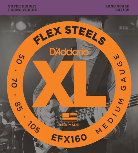 DADDARIO EFX160 FlexSteels Bass Guitar Strings, Medium, 50-105, Long Scale